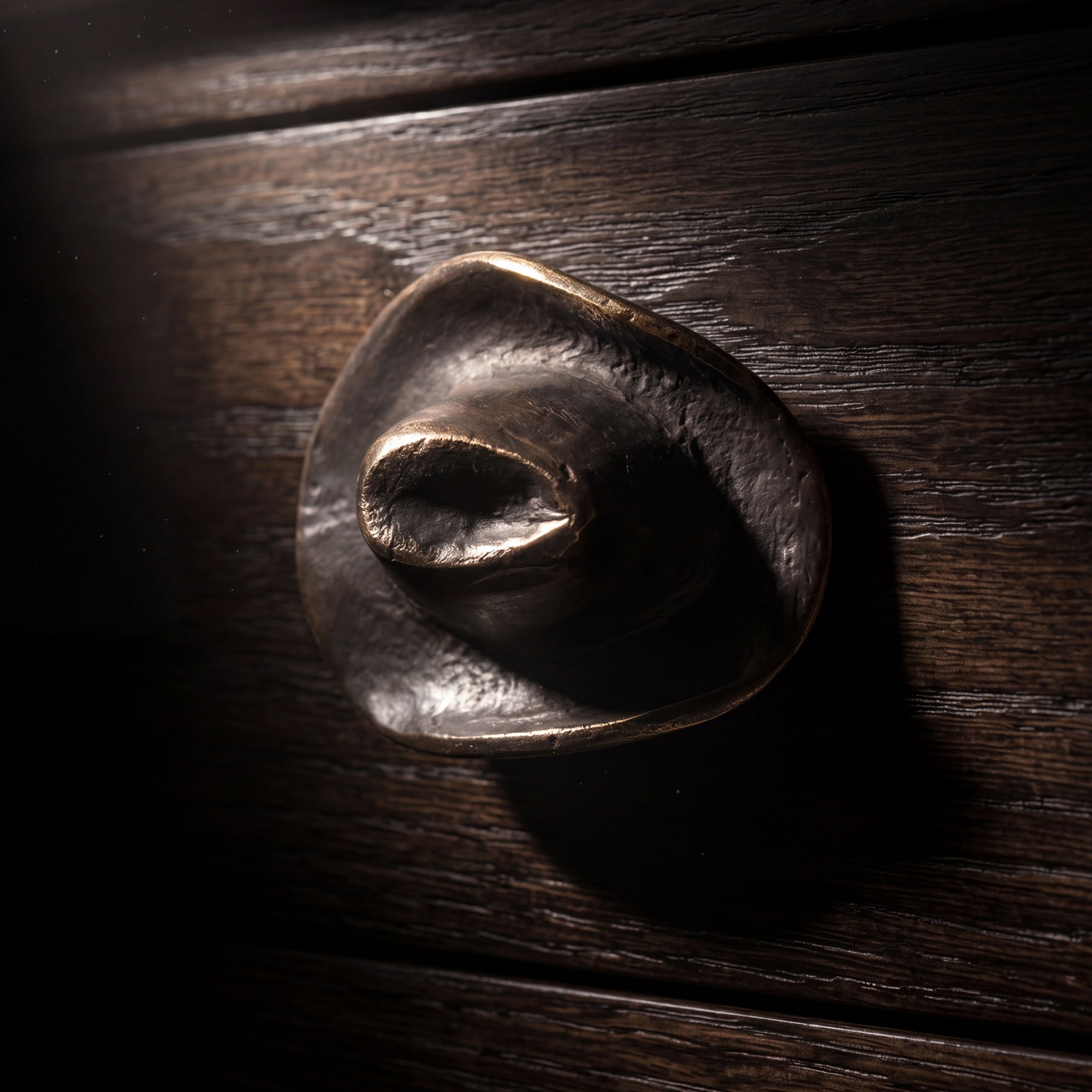 Handcast bronze cabinet pulls shown on refined cabinetry for kitchens, built-ins, furniture, and interiors.
